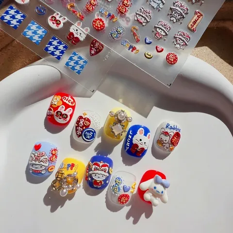 Autocollants Art Des Ongles Relief 3D Lapin Mignon Dessin Animé Motif Rouge Bleu Auto-Adhésif Décoration Manucure Festive
