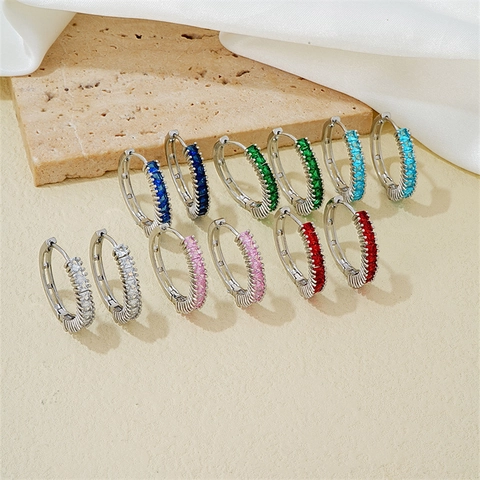 Shiny Copper Hoop Earrings With Colored Cubic Zirconia Simple Luxury Geometric Jewelry For Women Fashion Accessory