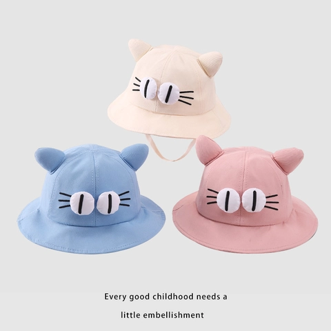 Cute 3D Cat Ear Kids Bucket Hat Cartoon Cat Face Sun Protection Fisherman Cap Cotton Polyester Outdoor Hat For Boys Girls