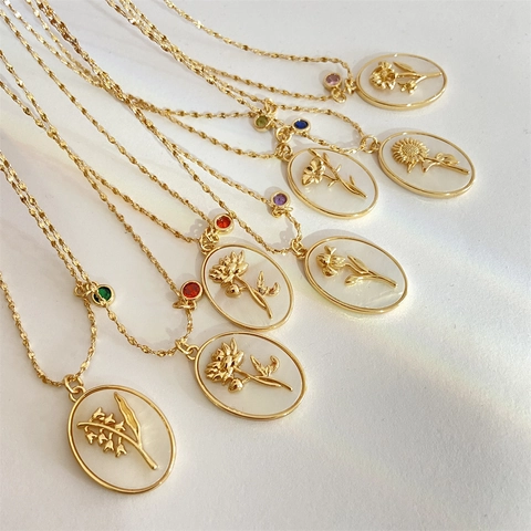Vintage Geboortebloem Hanger Ketting Koper Parelmoer Geboortesteen Sieraden Voor Vrouwen Verjaardagscadeaus