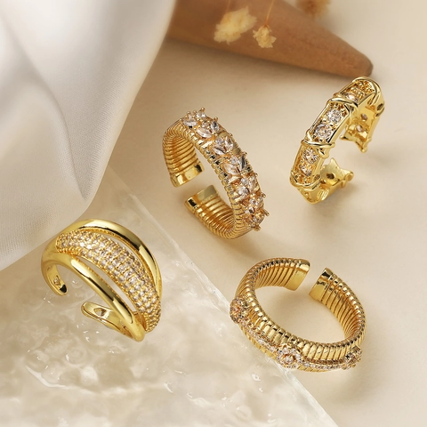 Geometric Copper Rhinestone Open Ring For Women 18K Gold Plated Adjustable Fashion Ring Luxury Minimalist Finger Jewelry