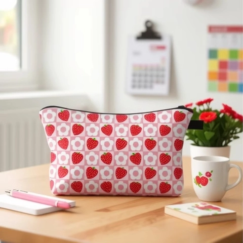 Make-up Tasche Mit Erdbeermuster Polyester Große Kapazität Tragbarer Doppelseitiger Kosmetik Organizer Kulturbeutel Reisetasche Süße Frauen