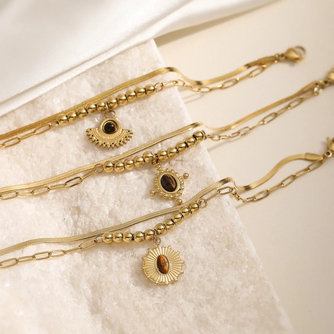 Vintage Stainless Steel Double Layer Gold Bracelet For Women Bohemian Tiger Eye Stone Sun Evil Eye Pendant Layered Chain Jewelry