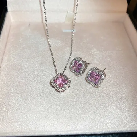 Flower Pendant Necklace Copper Pink Zircon Rhinestone Silver Plated Sweet Clavicle Chain Jewelry For Women