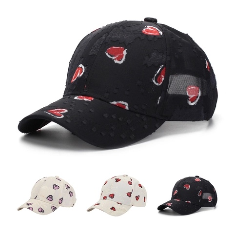Baseball Cap Heart Print Distressed Polyester Breathable Sun Protection Outdoor Casual Streetwear Hat For Men Women