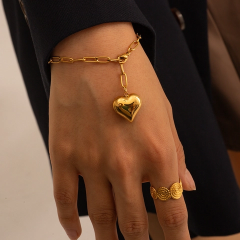 Collana E Bracciale Con Pendente A Cuore Cavo Acciaio Inossidabile Placcato Oro 18K Catena A Graffetta Gioielli Minimalisti