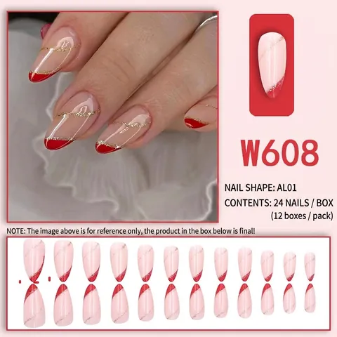 Unghie Finte Press On Mandorla Punta Rossa Francese Base Rosa Nude Onda Glitterata Oro Per Donne