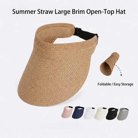 Women Straw Sun Visor Wide Brim UV Protection Foldable Empty Top Headband Style Summer Outdoor Beach Hat