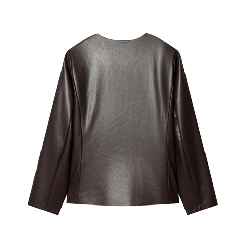 Dames Kunstleren Jas Ronde Hals Knoopsluiting Lange Mouwen Bovenkleding Zakken Franse Retro Minimalistische Stijl