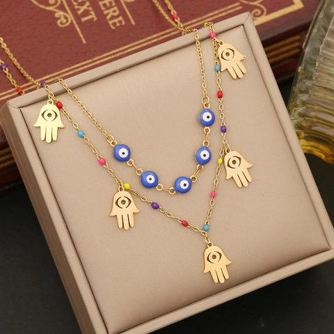 Evil Eye Hamsa Hand Mehrlagige Halskette Edelstahl Bunte Perlen Emaille Anhänger Schlüsselbein Kette Schmuck Damen