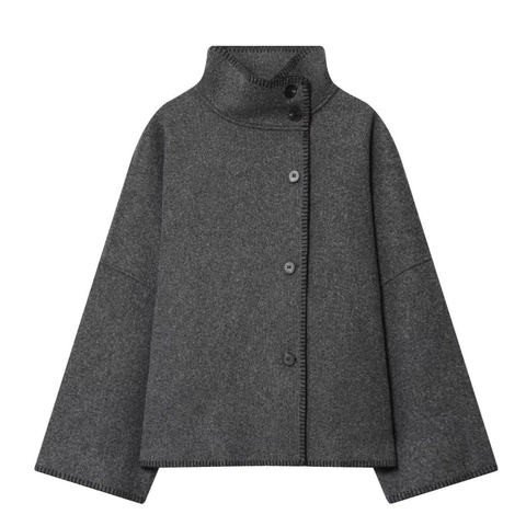 Giacca Corta Da Donna Collo Alto Monopetto Punto Sopraggitto A Contrasto Maniche Lunghe Cappotto Minimalista