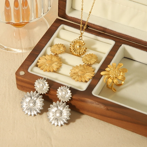 Sunflower Daisy Jewelry Necklace Earrings Ring Stainless Steel Gold Plated Elegant Floral Fashion Women Gift
