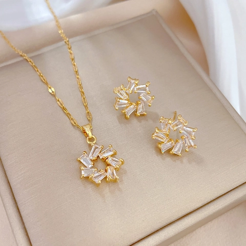 Jewelry Necklace And Earrings Titanium Steel Copper Gold Plated Sparkly Zirconia Geometric Sunburst Floral Elegant