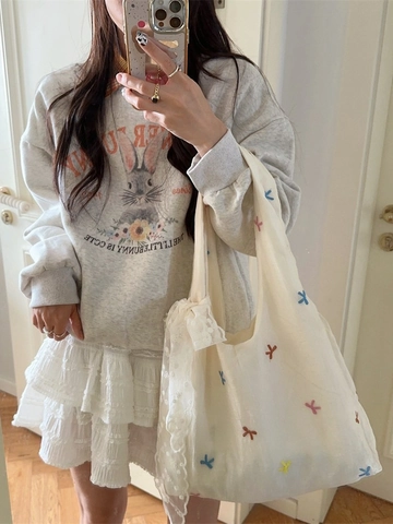 Sac À Épaule Femme Gaze De Polyester Grande Capacité Broderie Cerise Nœud En Dentelle Tote Esthétique École Travail Doux Sac À Main