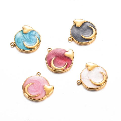 Stainless Steel Round Enamel Charms Moon Heart Pattern Cosmic Style DIY Jewelry Accessories For Earrings Necklaces