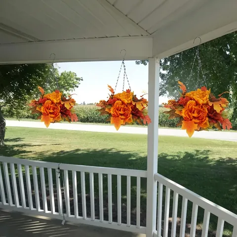 Autumn Harvest Thanksgiving Hanging Flower Basket Artificial Peony Maple Leaves Berries Farmhouse Outdoor Porch Decor With Metal Chain