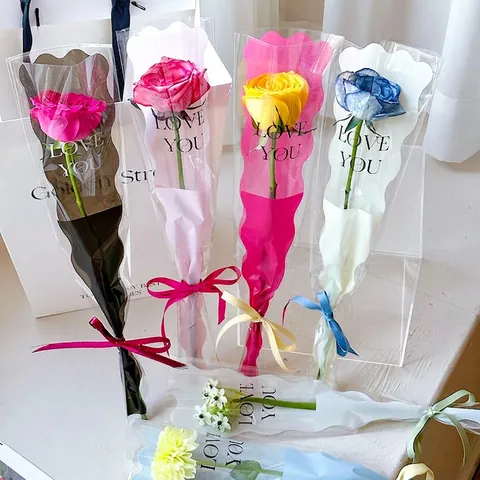 Individual Flower Packaging Bags Waterproof OPP Plastic Transparent Floral Sleeves Mermaid Wave Edge Gift Wrapping Supplies