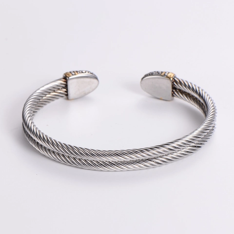 Stainless Steel Twisted Cable Open Cuff Bangle Red Zircon Two Tone Punk Jewelry For Men