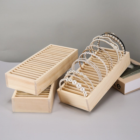 Wooden Headband Holder Organizer Natural Pine Wood Display Stand With Detachable Dividers For Hairband Hair Accessories
