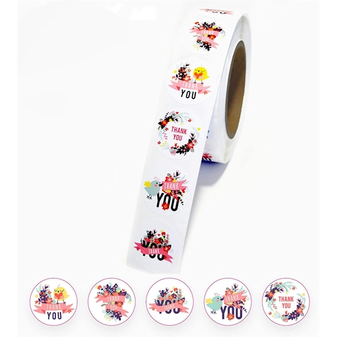Autocollants De Merci Ronds Motif Fleurs Oiseaux Papier Couché Auto Adhésif En Rouleau Pour Scellage Enveloppe Décoration Cadeau