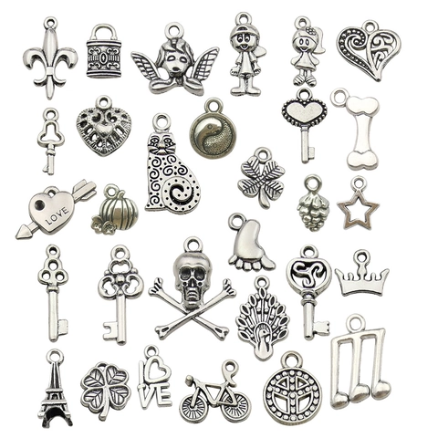 Gemischte Zinklegierungsanhänger Vintage Silber Finish Für DIY Schmuckherstellung Armband Halskette Herz Schlüssel Designs