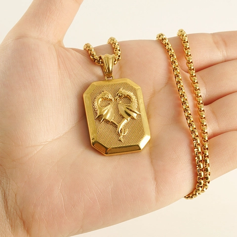 Hanger Ketting 18K Verguld Roestvrij Staal Dubbele Draak Reliëf Vierkante Tag Box Ketting Retro Religieuze Sieraden Voor Mannen Vrouwen