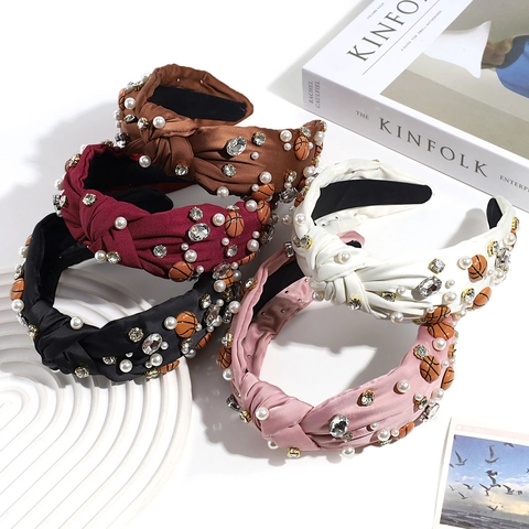 Knotted Wide Headband With Faux Artificial Pearl Rhinestone And Mini Basketball Charms Retro Satin Hair Hoop For Women