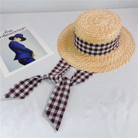 Boater Hat Natural Straw Flat Top Summer Beach Sun Hat With Gingham Plaid Ribbon Bow French Retro Elegant For Women