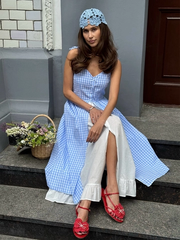 Maxi Gingham Dress Polyester Fake Two Piece V Neck Single Breasted Sleeveless Ruffle Hem Patchwork Summer Beach Vacation