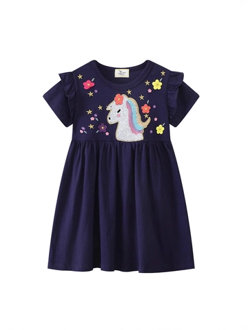 Mädchen Kurzarm Baumwollkleid Mit Pailletten Einhorn Stickerei Und Rüschenärmeln Für Den Sommer