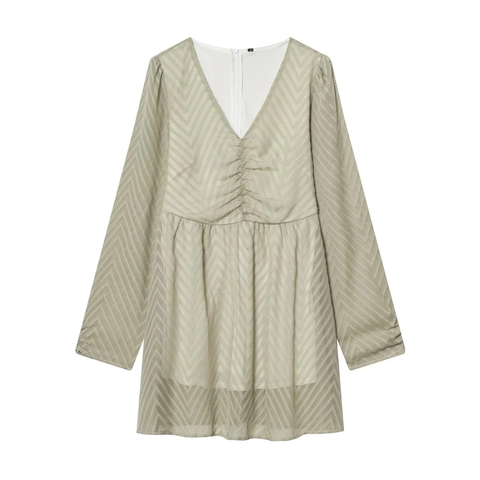 Elegante Abito Mini A Maniche Lunghe Con Scollo A V Per Donna Vita Arricciata Jacquard Texturizzato Poliestere Casual