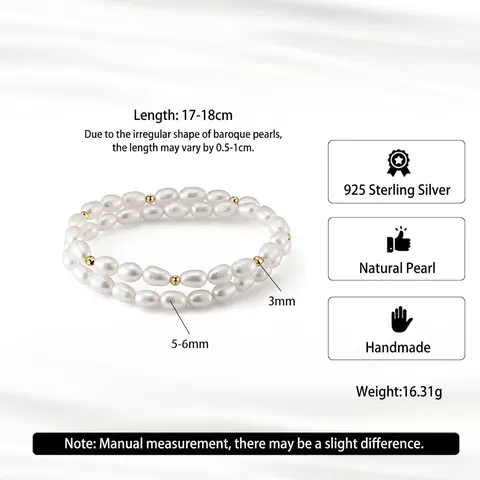 S925 Sterling Silver Natural Freshwater Pearl Double Layer Bracelet For Men Women Trendy Gold Plated Adjustable Jewelry