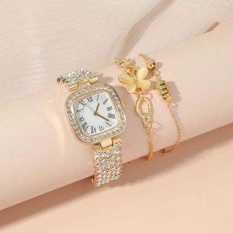 Lussuoso Orologio al Quarzo Quadrato Oro da Donna in Lega Strass Gioielli Bracciale Pendente a Farfalla Accessorio Orologio Scatola Regalo