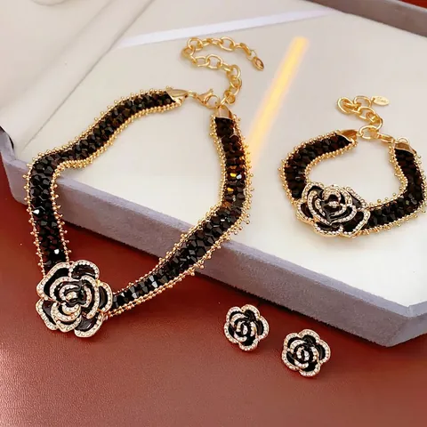Camellia Flower Necklace Bracelet Earrings With Silver Earring Post Copper Alloy Rhinestone Crystal Vintage Elegant Women