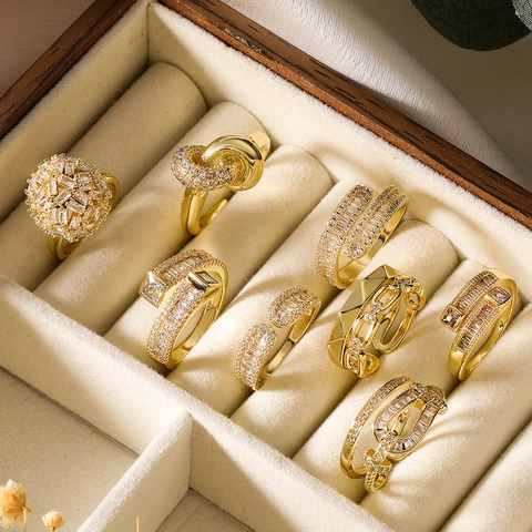 Anillo Abierto Ajustable Cobre Chapado En Oro 18K Zirconia Joyería Geométrica Minimalista Para Mujeres