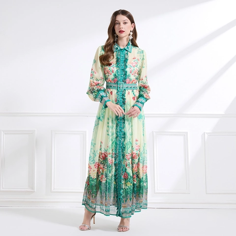 Vestito Maxi Elegante In Chiffon A Fiori Da Donna Vintage Francese Maniche Lunghe Collo A Camicia Abito Lungo Con Cintura