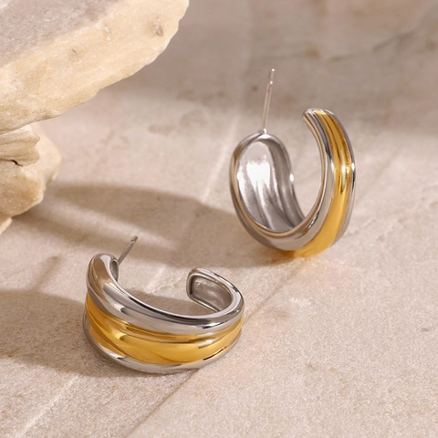 Minimalist Gold Silver Two Tone C Shaped Stainless Steel Hoop Earrings For Women Hypoallergenic Fashion Jewelry Accessory