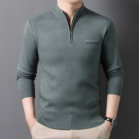 Men's Half Zip Knitted Sweater Stand Collar Thickened Winter Business Casual Striped Pullover Long Sleeve