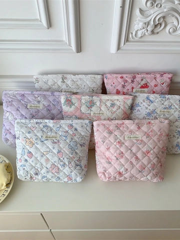 Cute Quilted Cotton Cosmetic Bag Large Capacity Makeup Organizer Pouch With Cartoon Rabbit Bear Floral Print For Women