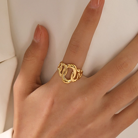 Geometric Oval Interlocking Chain Ring Stainless Steel Adjustable Hollow Cut Out Hip Hop Minimalist Jewelry For Women