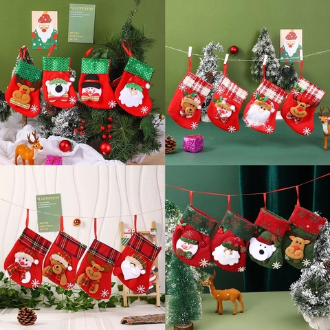 Calcetines De Navidad Decoraciones Tela Fieltro 3D Dibujos Animados Papá Noel Muñeco De Nieve Reno Oso Lentejuelas Adornos