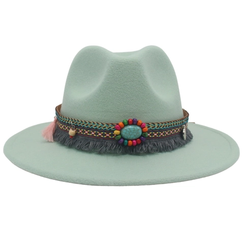 Bohemian Wide Brim Fedora Hat Ethnic Wool Felt Western Cowboy Hat With Turquoise And Tassel Decoration For Men Women