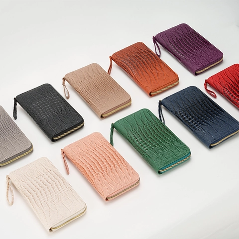 Cartera Larga Para Mujer Estampado Cocodrilo Cuero PU Bolso De Mano Con Correa De Muñeca Multiranuras Para Tarjetas Cremallera