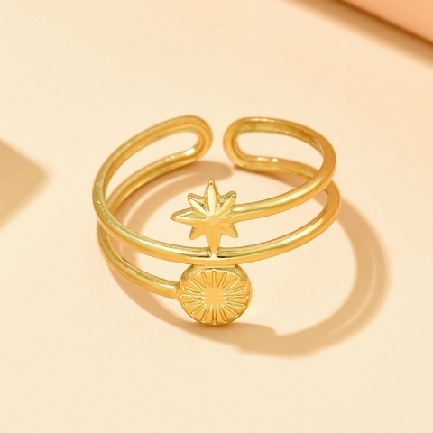 Vintage Edelstahl Verstellbarer Ring Damen Vergoldet Sternenlicht Textur Stern Sonnenstrahl Mehrlagig Offener Schmuck