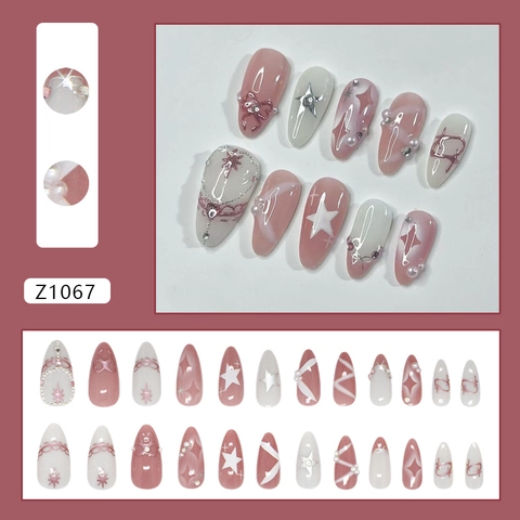 Faux Ongles Longue Amande French Dégradé Rose Blanc Avec Noeud 3D Künstliche Perle Étoile Décor Ongles Artificiels