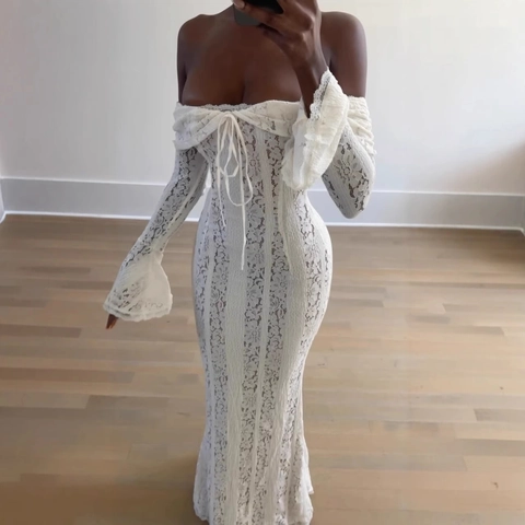 Damen Spitzenkleid Schulterfrei Ausgestellte Lange Ärmel Figurbetont Elegant Sexy Einfarbig Hochzeit Party Abendmode