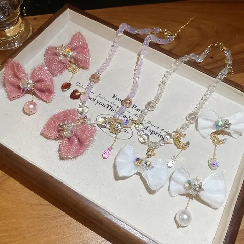 Collar Y Pendientes De Lazo Perla Artificial Aleación Cuentas De Vidrio Colgantes Corazón Estrella Luna Joyería Con Poste De Plata
