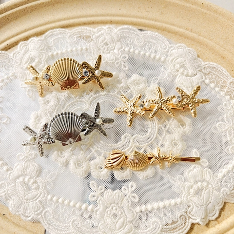 Pinzas Para El Cabello De Concha Y Estrella De Mar Tema Océano Para Mujeres Aleación Perla Artificial Diamante De Imitación Estilo Marino