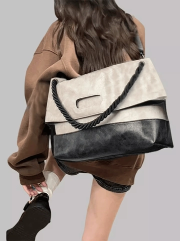 Grand Sac Fourre-Tout Bandoulière Pour Femme Couleur Contraste Cuir PU Nylon Sac À Main Avec Poignée Tissée Et Large Sangle