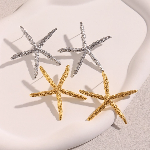 Boucles D'oreilles Puces Étoile De Mer Acier Inoxydable Plaqué Or 18K Texture Martelée Style Marine Mode Pour Femmes